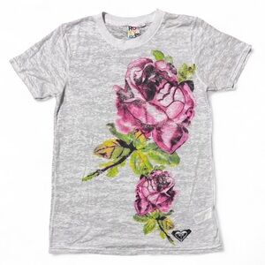 Roxy White Mesh Short-Sleeve Tee with Pink Rose Graphic